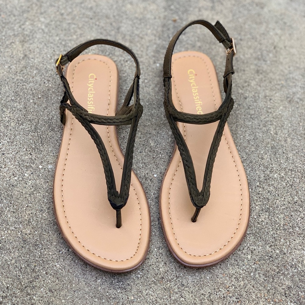 Soda Olive Khaki Triangle Ankle Strap Sandal
